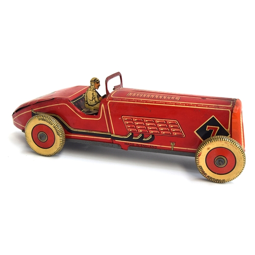 415 - A Metoy tinplate racing car c.1930s-40s, red, racing number '7', with poseable front wheels, fitted ... 