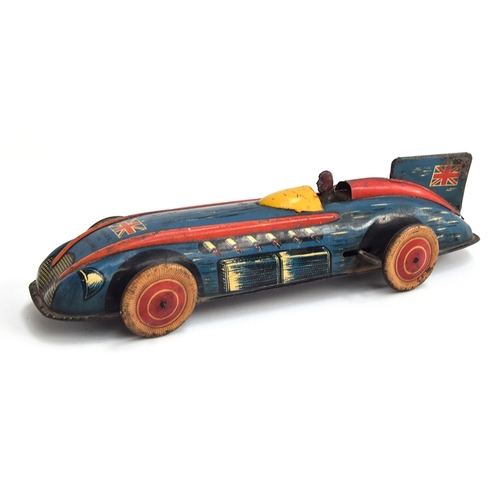 416 - A Wells Brimtoy clockwork tinplate Racing Car - circa 1951, blue, black/red trim, cream/red wheels w... 