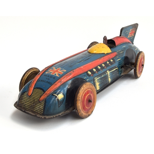 416 - A Wells Brimtoy clockwork tinplate Racing Car - circa 1951, blue, black/red trim, cream/red wheels w... 