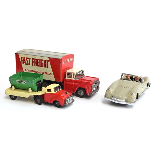 424 - A tinplate 'Side Dump' dumper truck, a 'Fast Freight' lorry, and a toy sport's car