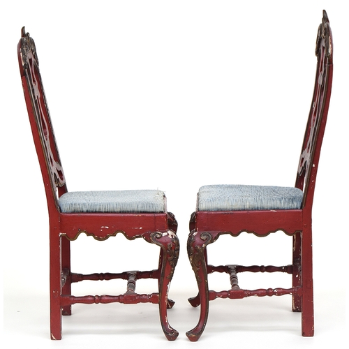 639 - A pair of Venetian late 18th century scarlet lacquer and rocaille carved parcel gilt side chairs, wi... 