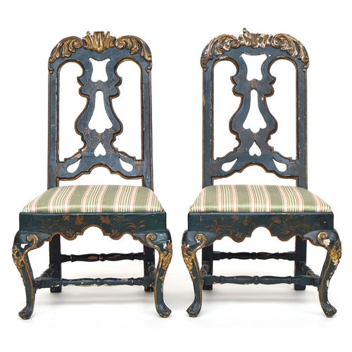 640 - A pair of late 18th century Venetian green painted chairs, with gilt carved rocaille decoration to t... 