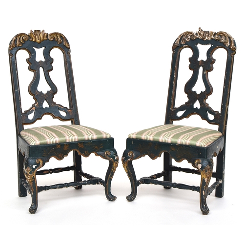 640 - A pair of late 18th century Venetian green painted chairs, with gilt carved rocaille decoration to t... 