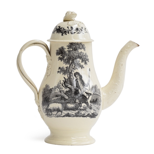 348 - A c.1760 Wedgwood creamware coffee pot cover, printed in black with The Tea Party and The Shepherd, ... 