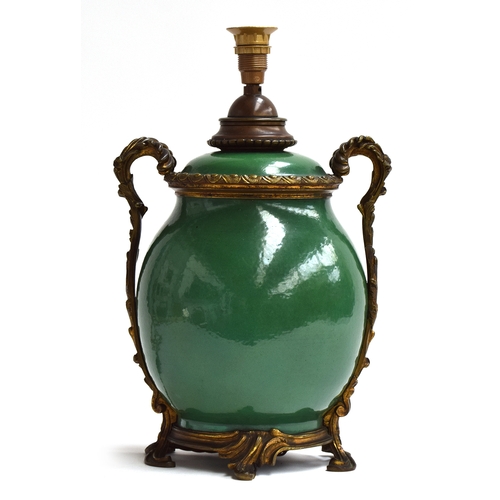 368 - A French two handled ormolu mounted green ceramic vase table lamp, 35cmH

Provenance: from the estat... 