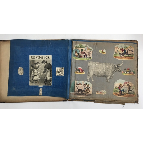 376 - A Victorian scrapbook with coloured linen pages, comprising a selection of cutouts, animal, sporting... 