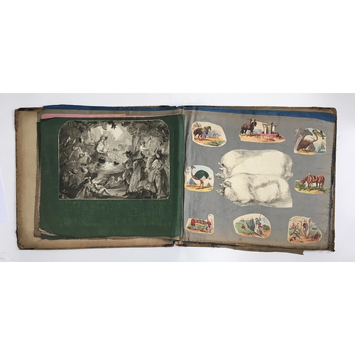 376 - A Victorian scrapbook with coloured linen pages, comprising a selection of cutouts, animal, sporting... 