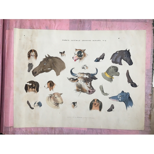 376 - A Victorian scrapbook with coloured linen pages, comprising a selection of cutouts, animal, sporting... 