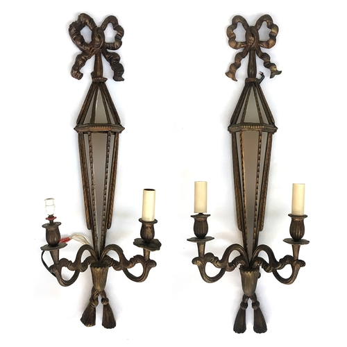 372 - A pair of Italian carved giltwood mirrored double branch wall sconces, each with six mirrored plates... 