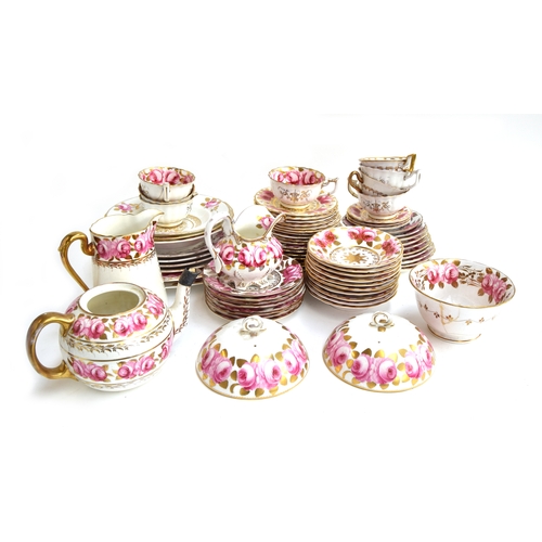 356 - A harlequin Spode pink rose and parcel gilt pattern part tea service, comprising an ovoid teapot and... 