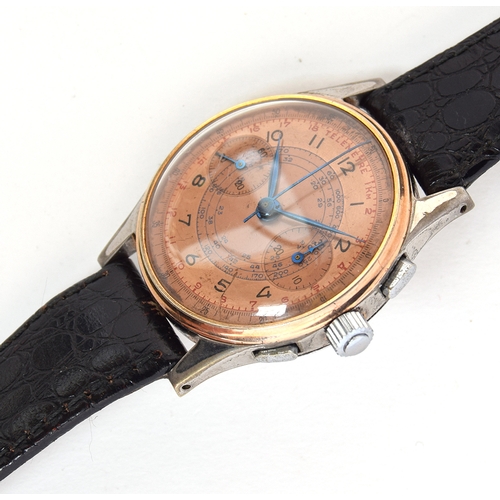 108 - A GENTLEMAN'S STEEL AND GOLD FILLED CHRONOGRAPH WRIST WATCH
CIRCA 1950s, Salmon pink dial, telemeter... 