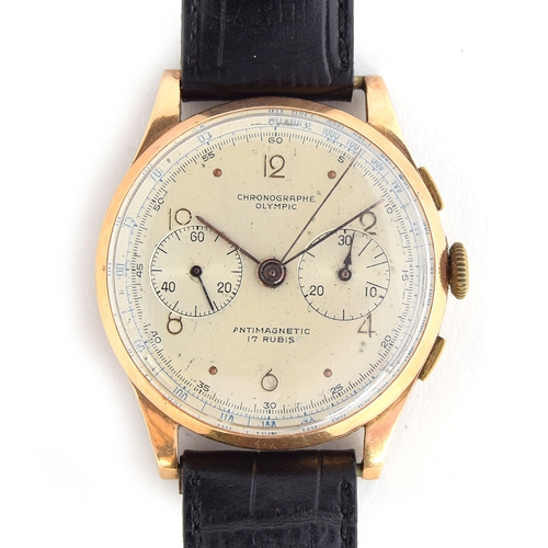 109 - A GENTLEMAN'S 18CT ROSE GOLD CHRONOGRAPHE OLYMPIC WRIST WATCH
CIRCA 1950s, SILVERED DIAL, ARABIC NUM... 