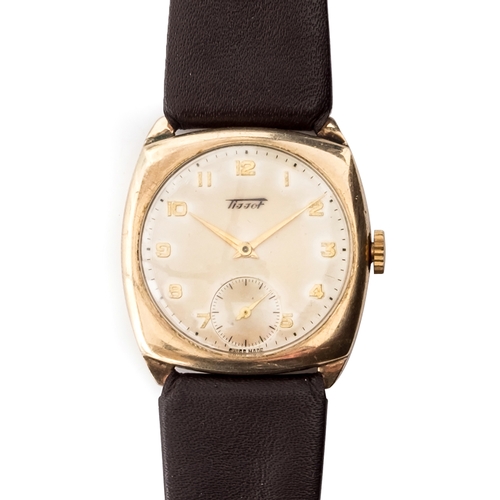 111 - A GENTLEMAN'S 9CT GOLD TISSOT WIRST WATCH
CIRCA 1955, ARABIC NUMERALS, subsidiary dial for constant ... 