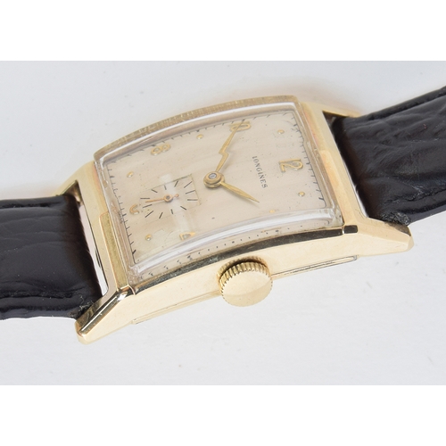 118 - A GENTLEMAN'S 10CT GOLD FILLED RECTANGULAR LONGINES - Wittnauer WRIST WATCH
CIRCA 1950s, SILVERED DI... 