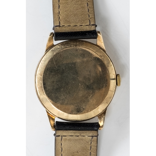 55 - A GENTLEMAN'S 9CT GOLD OMEGA GENEVE WRIST WATCH
DATED 1956, SILVER TWO-TONE CROSS HAIR DIAL, DAUPHIN... 