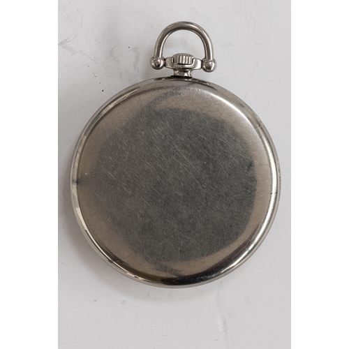 56 - A STAYBRIGHT STEEL OMEGA POCKET WATCH
DATED 1934.  
Movement: 15J, manual wind, cal 575L-15.
Case: D... 