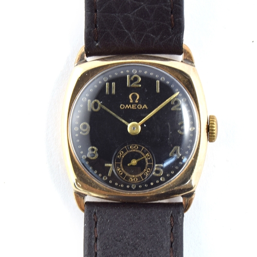 64 - A GENTLEMAN'S 9CT ROSE GOLD OMEGA WRIST WATCH 
CIRCA 1950s, Hallmarked Birmingham, black dial with r... 