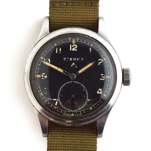 76 - A RARE GENTLEMAN'S STEEL BRITISH MILITARY WW2 ETERNA W.W.W WRIST WATCH
CIRCA 1940s, PART OF THE 'DIR... 