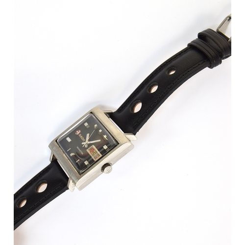 81 - A RARE GENTLEMAN'S STAINLESS STEEL RADO MANHATTAN DAY DATE WRIST WATCH 
CIRCA 1970s, matte black dia... 