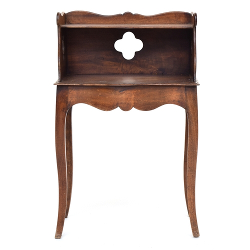 650 - A continental mahogany bedside table, shaped three quarter galleried top above undershelf and shaped... 