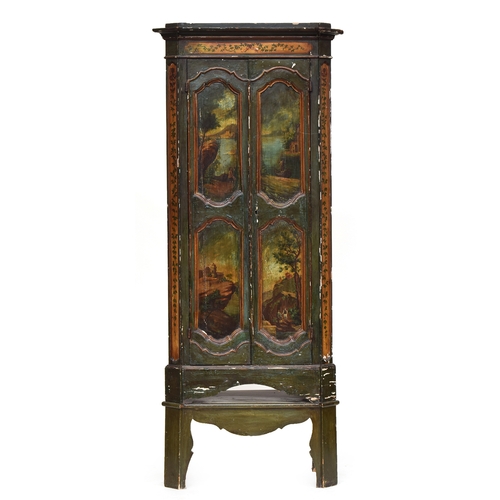 651 - A late 18th century North Italian cupboard painted with vedute panels to the two panel doors and sid... 