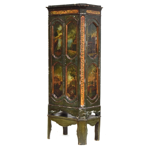 651 - A late 18th century North Italian cupboard painted with vedute panels to the two panel doors and sid... 