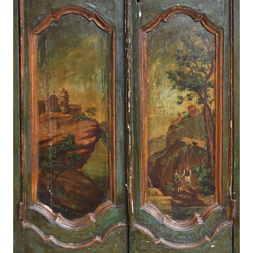 651 - A late 18th century North Italian cupboard painted with vedute panels to the two panel doors and sid... 