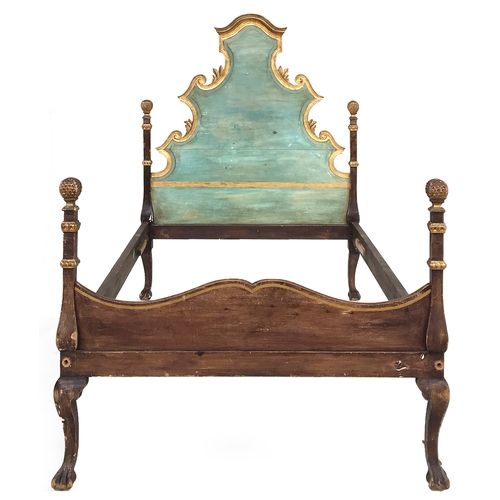 652 - A 19th century Italian green painted pine and parcel gilt bedstead, with rococo headboard and stylis... 