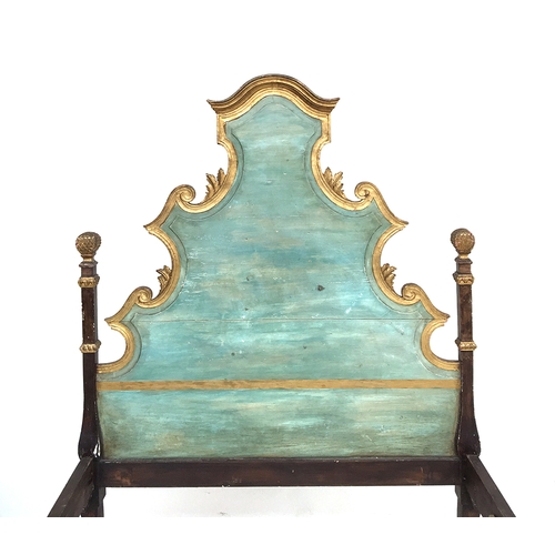 652 - A 19th century Italian green painted pine and parcel gilt bedstead, with rococo headboard and stylis... 