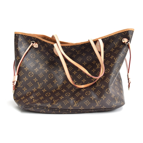 673 - Louis Vuitton monogram 'Neverfull' tote bag with tan leather trim and handles, clean fabric interior... 