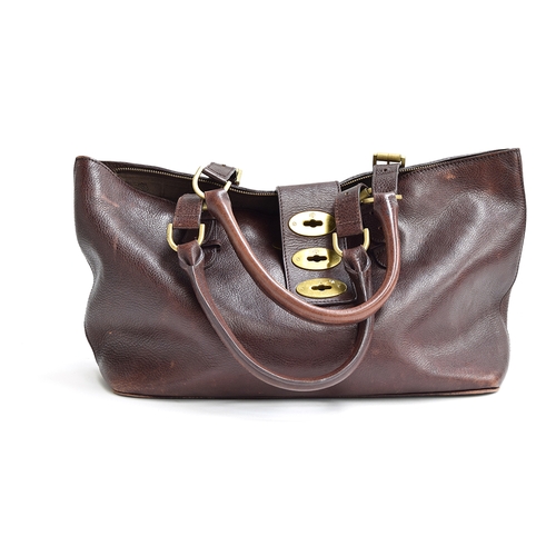 674 - Large chocolate leather Mulberry handbag with,  brass hardware and zip and three alternative clasps,... 