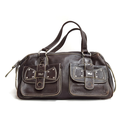 685 - Brown leather handbag from Marc Jacobs, bowling bag shape, two outside pockets wtith studded leather... 