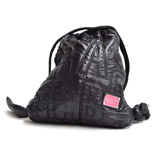 686 - Black nylon backpack from Marc Jacobs, quilted with the letters of the brand, bright pink interior w... 