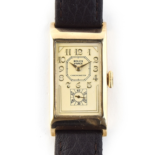 83 - A FINE AND RARE GENTLEMAN'S 9CT SOLID GOLD ROLEX PRINCE CHRONOMETER WRIST WATCH 
CIRCA 1935, REF 154... 