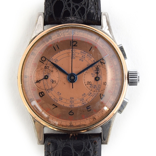 108 - A GENTLEMAN'S STEEL AND GOLD FILLED CHRONOGRAPH WRIST WATCH
CIRCA 1950s, Salmon pink dial, telemeter... 