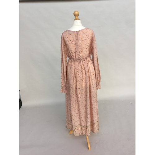 699 - Very pretty 1980s silk dress by Hanae Mori, Paris, empire line long-sleeved maxi dress in pale pink ... 