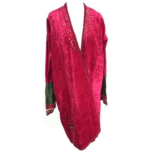 711 - Silk velvet Turkman coat, deep pile,  trimmed with silk braid and embroidery and tufts of animal fur... 