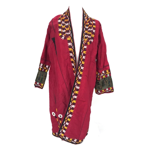 711 - Silk velvet Turkman coat, deep pile,  trimmed with silk braid and embroidery and tufts of animal fur... 