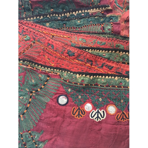 712 - Very old Indian textile, very fine hand woven deep red silk backed onto handwoven cotton, shisha wor... 