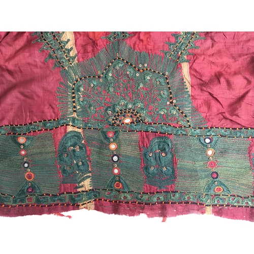 712 - Very old Indian textile, very fine hand woven deep red silk backed onto handwoven cotton, shisha wor... 