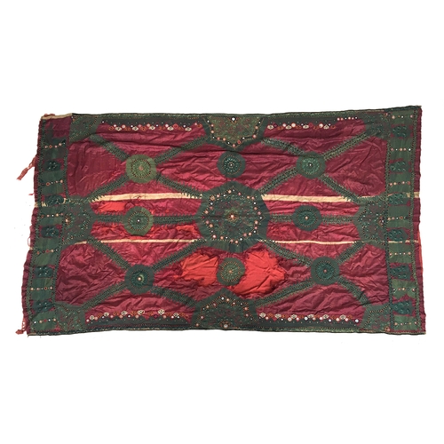 712 - Very old Indian textile, very fine hand woven deep red silk backed onto handwoven cotton, shisha wor... 