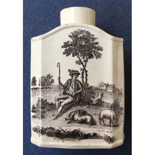 347 - An 18th century Wedgwood creamware tea canister, of swept shouldered form, printed in black with The... 