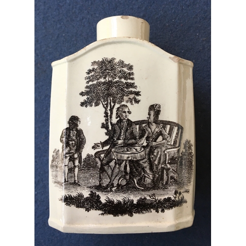 347 - An 18th century Wedgwood creamware tea canister, of swept shouldered form, printed in black with The... 