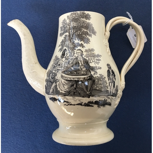 348 - A c.1760 Wedgwood creamware coffee pot cover, printed in black with The Tea Party and The Shepherd, ... 