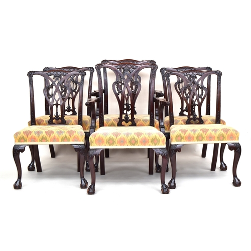 499 - A set of twelve 19th century mahogany dining chairs in the Chippendale taste, two carvers, each havi... 