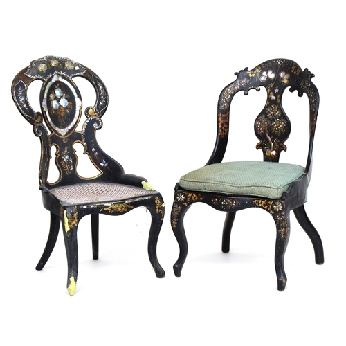 503 - Two 19th century ebonised papier mache nursing chairs, with mother of pearl and abalone inlay, on ca... 