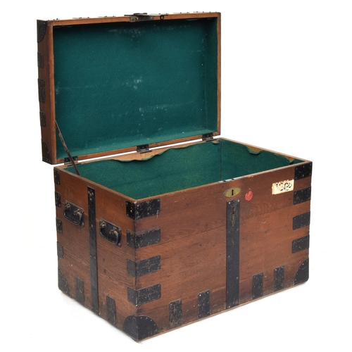 90 - An oak silver chest with metal bracing, two loop handles to each side, with a sub-divided green baiz... 