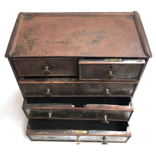 487 - An extremely unusual 19th century steel strong box, having two short over three long 'cockbeaded' dr... 