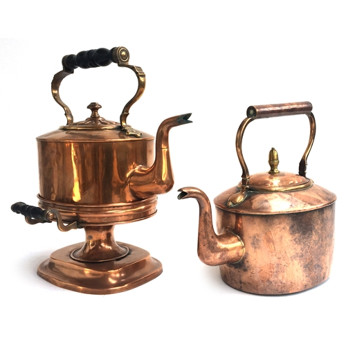 488 - Two 19th Century copper kettles, one on stand, together with a conical measure