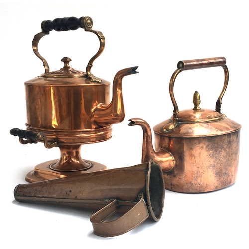 488 - Two 19th Century copper kettles, one on stand, together with a conical measure